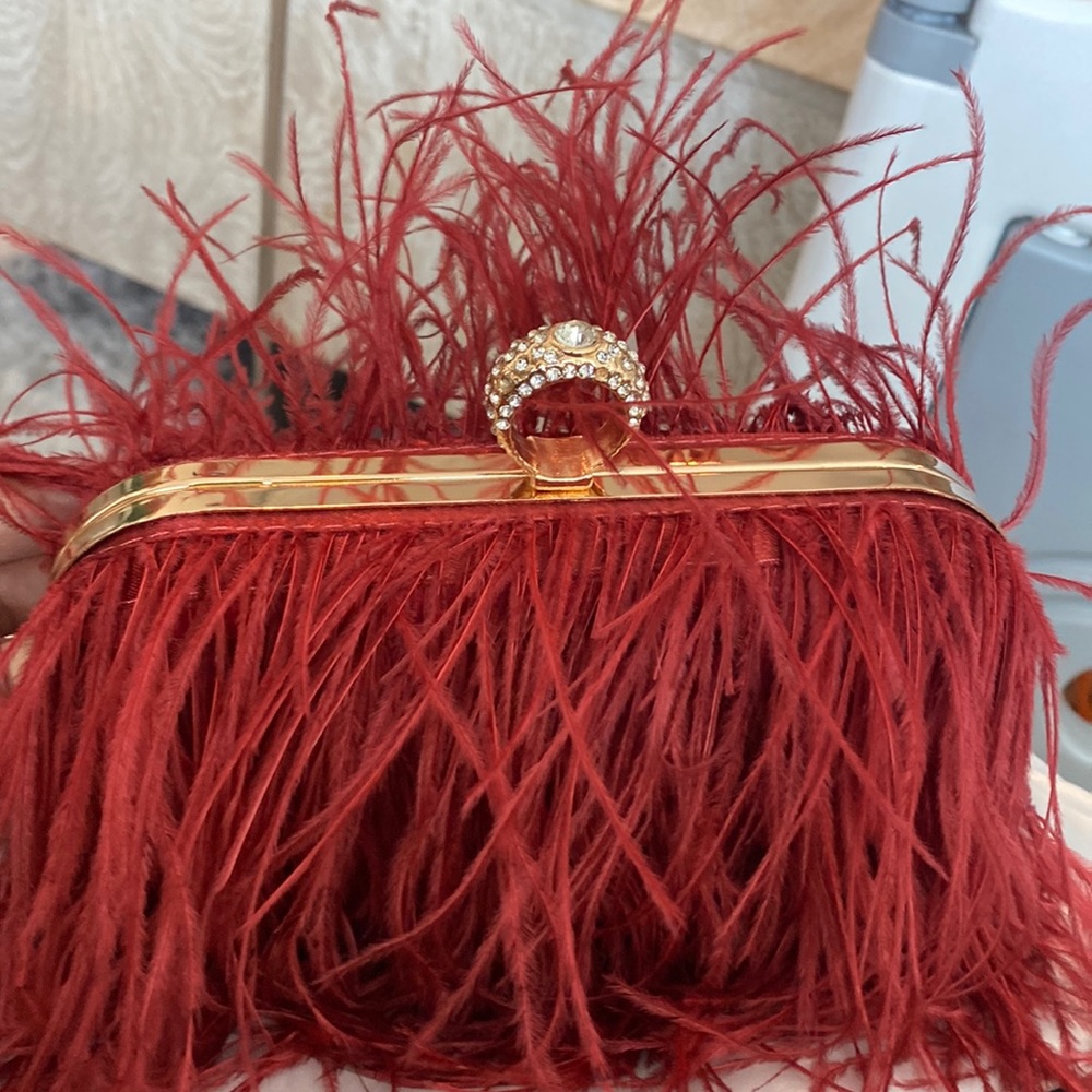 Burgundy and gold feather clutch purse with shoulder strap